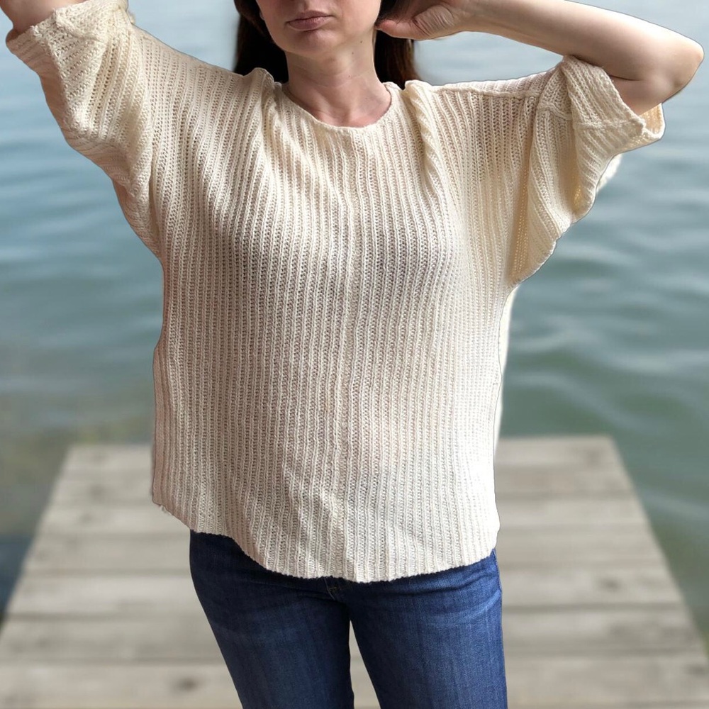 Line Ribbed Round Neck Kimono Sleeve Linen Cashmere Blend Sweater Exposed Seams